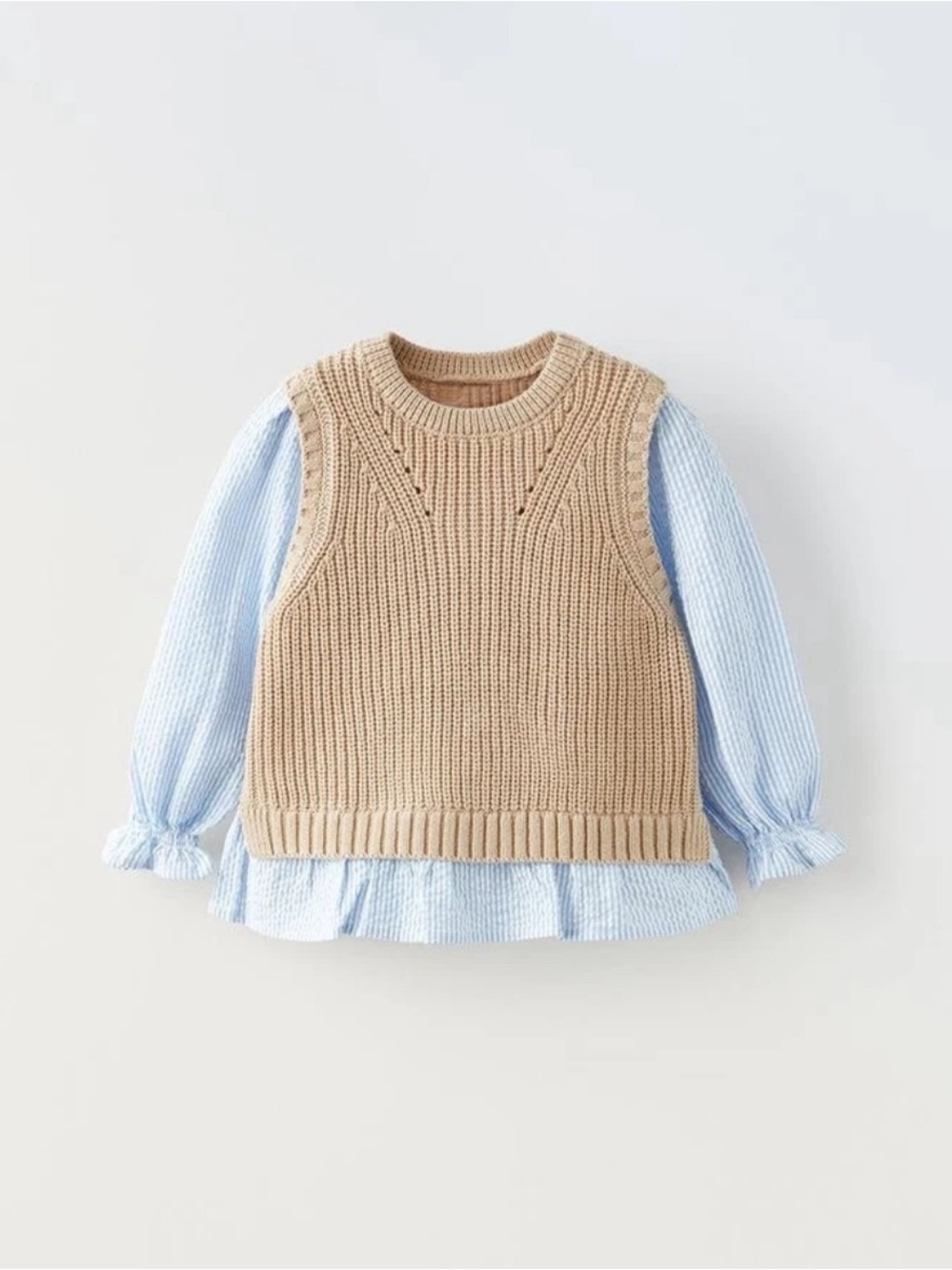 Zara Beige Knit Sweater Vest with Blue Striped Shirt Sleeves